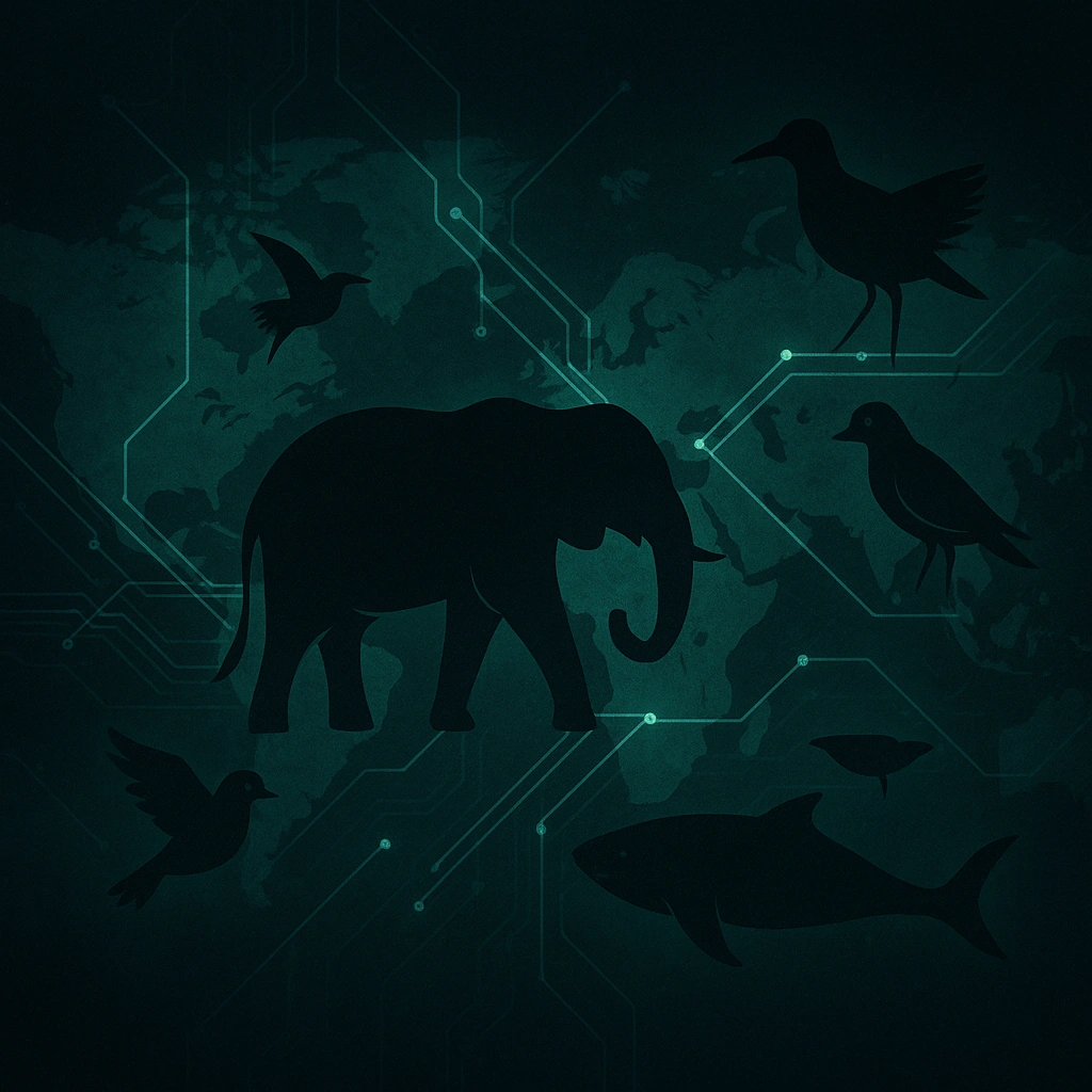 Animals on world map with circuits